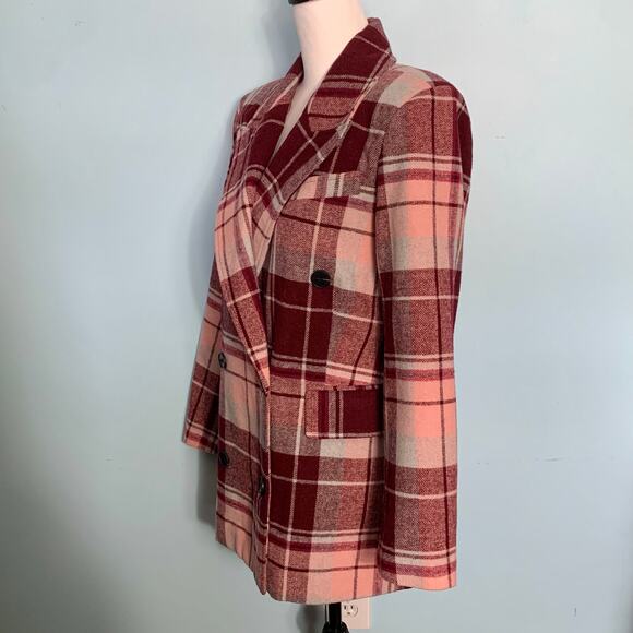7 For All Mankind Burgundy and Pink Double Breasted Plaid Coat Size S - Picture 3 of 10